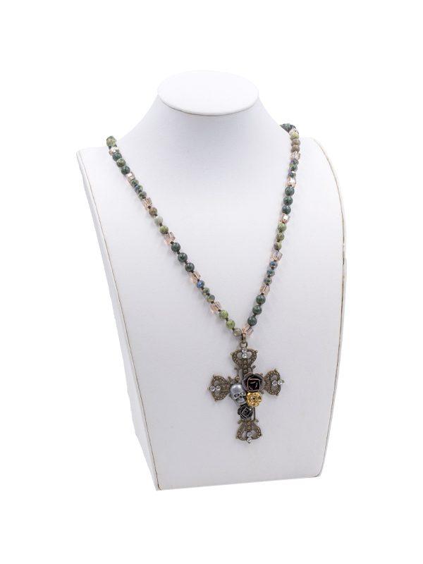 Echtsteinkette mit Glassteinen und Anhänger Kreuz (ca. 90 cm)