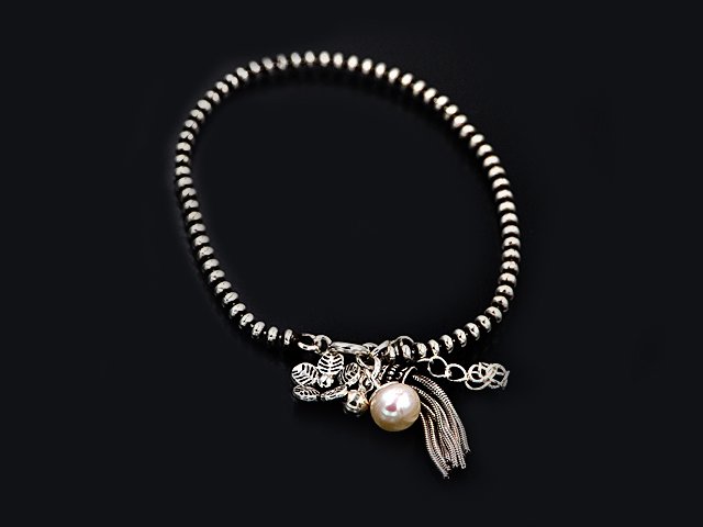 Kugelarmband mit Anhängern Blume+Perle+Silberfäden (17 cm + 3.0 cm) (2.8 mm)