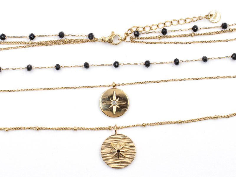 Lagenkette mit Glassteinen und Anhängern (37 cm + 5.0 cm) Gold Optik