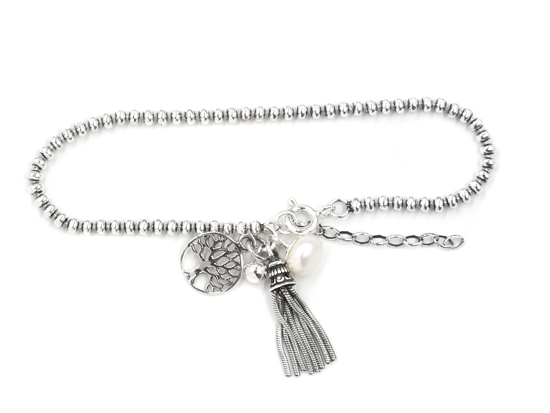 Kugelarmband mit Anhängern Baum des Lebens+Süßwasserperle+Kugel+Silberfäden (17 cm + 3.0 cm) (2.7 mm