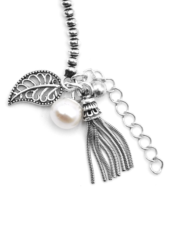 Kugelarmband mit Anhängern Blatt+Perle+Silberfäden (17 cm + 3.0 cm)
