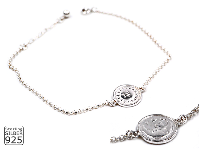 Erbsarmband mit Plättchen Sonne Mond und Sterne (17.5 cm + 3.0 cm) (2.0 mm)