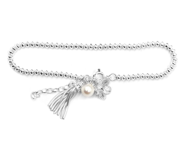 Kugelarmband mit Anhängern Blume+Perle+Silberfäden (17 cm + 3.0 cm) (2.8 mm)
