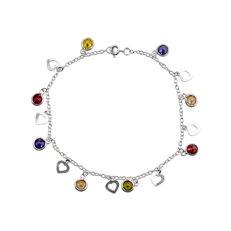 Fußkette mit Zirkonia und Herzen (25 cm)