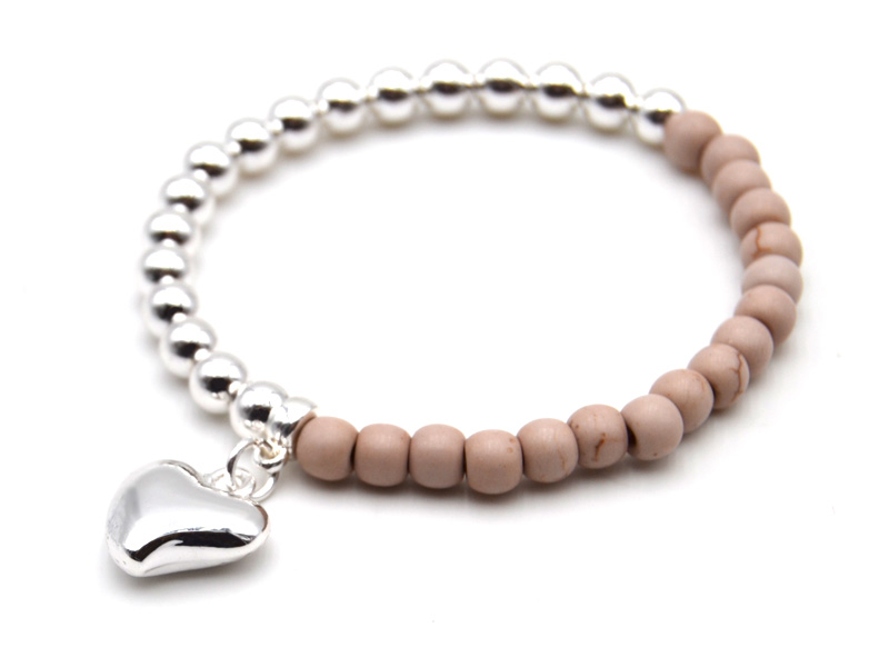 Kugelarmband mit Echtsteinen und Anhänger Herz (18 cm)